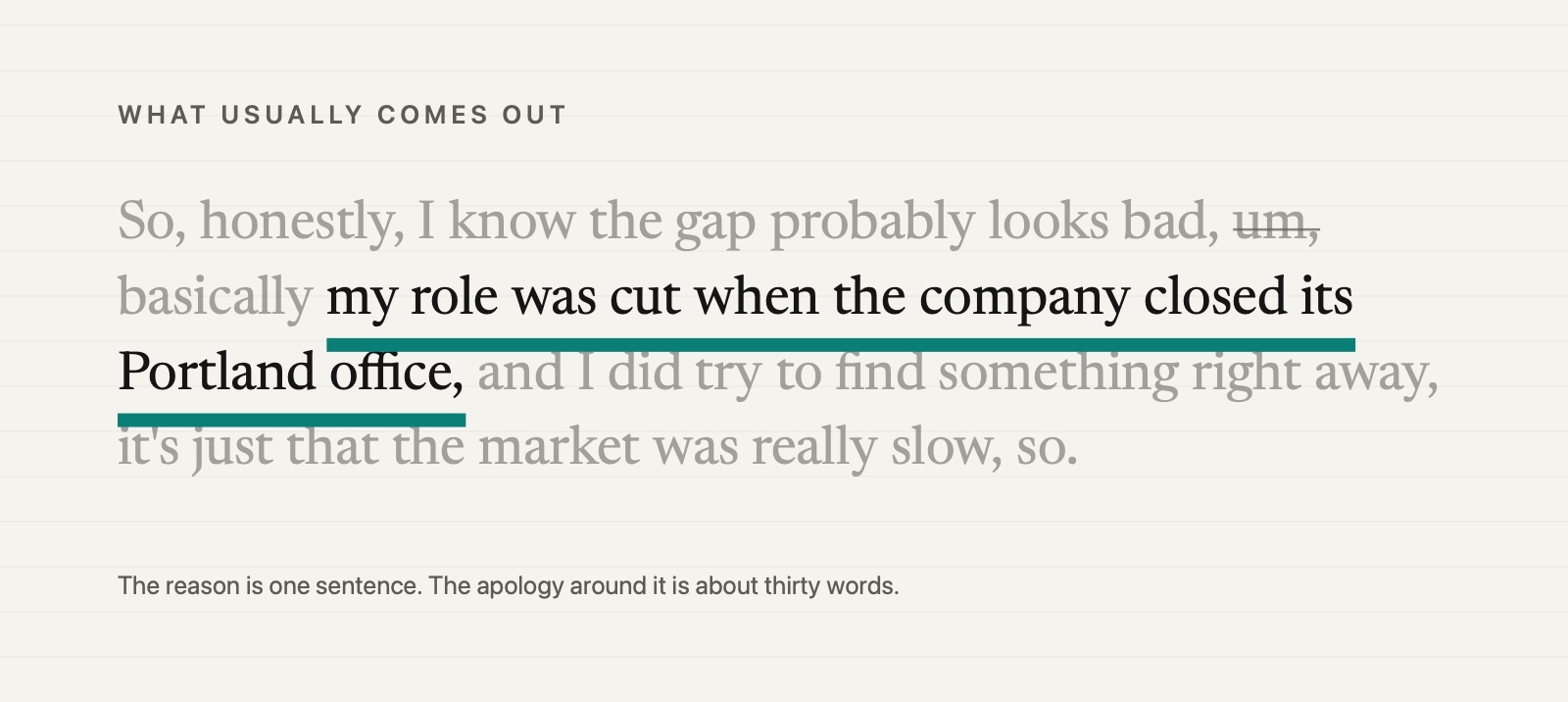 The usual spoken answer about a layoff gap, written out. The opening words So, honestly, I know the gap probably looks bad are dimmed, an um is struck through, the plain reason about the Portland office closing is marked as the point, and the defense about the slow market after it is dimmed too.