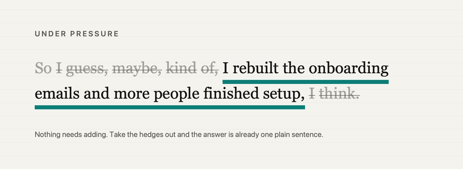 The nervous version of the onboarding answer written out as text. The opening so is greyed, the hedges I guess, maybe, kind of and I think are struck through, and the words that carry the answer, I rebuilt the onboarding emails and more people finished setup, are underlined as the point.