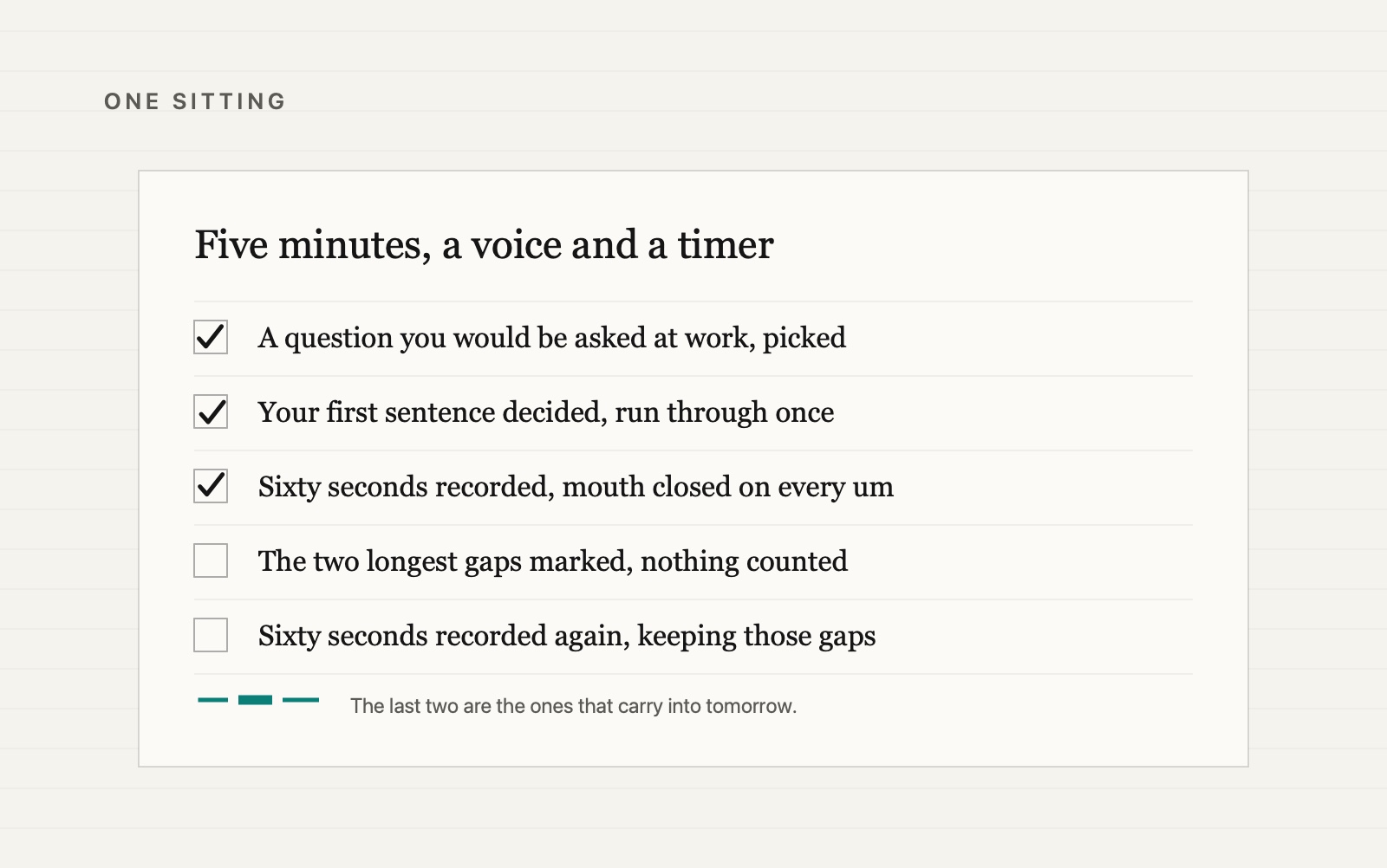 A five item practice checklist for one filler word session, with the first three items ticked and the last two left open